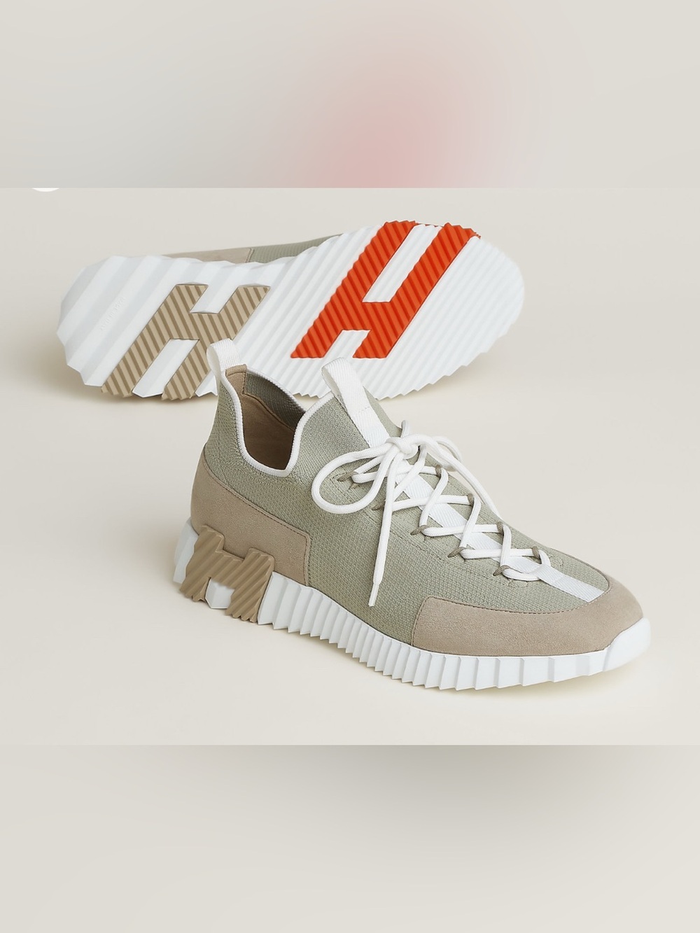 Hermès Lift slip-on sneakers with beige and Orange Accents
 Size 43.5/ US 10.5